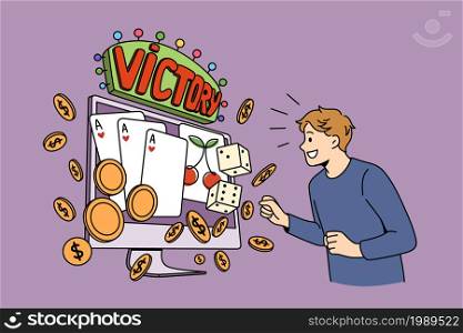 Online gambling and victory concept. Young smiling man cartoon character standing looking at laptop screen with gambling and financial victory vector illustration. Online gambling and victory concept.