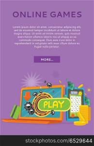 Online Games Concept Flat Style Vector Web Banner. Online games conceptual web banner. Flat style vector. Laptop with playing roulette, chips on screen, credit card and gold coins near. For gambling online services sites design. On violet background