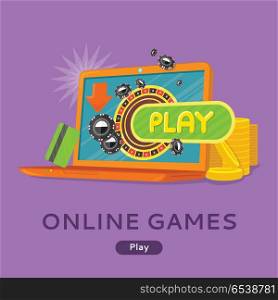 Online games conceptual web banner. Flat style vector. Laptop with playing roulette, chips on screen, credit card and gold coins near. For gambling online services sites design. On violet background. Online Games Concept Flat Style Vector Web Banner . Online Games Concept Flat Style Vector Web Banner