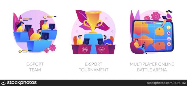 Online games, virtual reality, internet content. Players with joysticks. E-sport-team, e-sport-tournament, multiplayer online battle arena metaphors. Vector isolated concept metaphor illustrations.. E-sport vector concept metaphor.