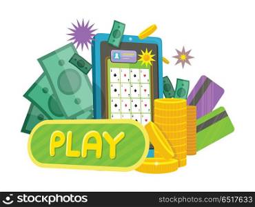 Online Games Web Banner Isolated with Play Button.. Online games web banner isolated on purple with play button. Money, coins, credit cards, gambling devices and stars. Casino jackpot, luck game, chance and gamble, lucky fortune. Vector illustration