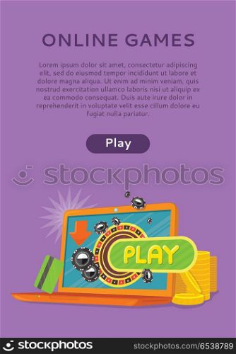 Online Games Web Banner Isolated with Play Button.. Online games web banner isolated on purple with play button. Money, coins, credit cards, gambling devices and stars. Casino jackpot, luck game, chance and gamble, lucky fortune. Vector illustration