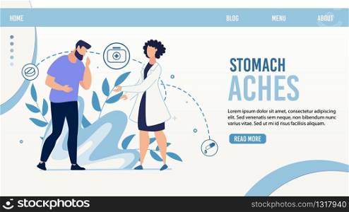Online Gastroenterological Service Landing Page. Cartoon Man Patient Suffering from Stomach Aches. Woman Doctor Character Giving Consultation. Diagnosis and Treatment. Vector Trendy Flat Illustration. Online Gastroenterological Service Landing Page