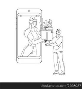 Online Gift Send Girl For Boy On Smartphone Black Line Pencil Drawing Vector. Young Woman Sending Online Gift In Mobile Phone Application For Man Birthday Or Christmas Event. Characters Illustration. Online Gift Send Girl For Boy On Smartphone Vector