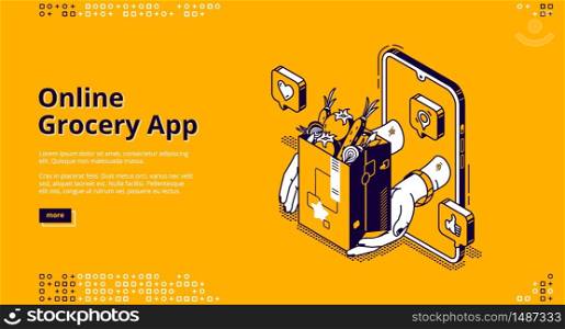 Online grocery app isometric landing page. Food order and delivery service application for mobile phone. Hands giving shopping bag with products from smartphone screen, 3d vector line art, web banner. Online grocery app isometric landing page, banner