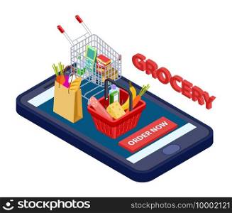 Online grocery concept. Vector mobile app for grocery store with food, vegetables, fruits. App delivery, mobile grocery service, application to purchase illustration. Online grocery concept. Vector mobile app for grocery store with food, vegetables, fruits
