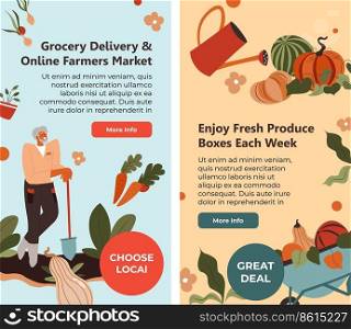 Online grocery delivery, farmers market, enjoy fresh produce boxes each week. Organic and natural production for cooking meal and dishes. Website landing pages template, vector in flat style. Enjoy fresh produce boxes each week grocery store