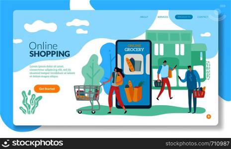 Online grocery. Landing Internet retail purchase smartphone website shop app customer on-line services payment technology vector concept. Online grocery. Landing Internet retail purchase smartphone website shop app customer on-line payment technology vector concept