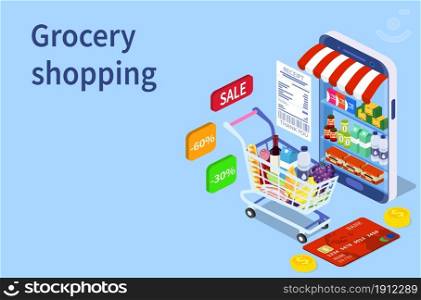 Online Grocery shopping concept. Isometric Shopping cart with fresh food and drink.Order food, grocery online from app by smart phone. Vector illustration in flat style. Online Grocery shopping concept.