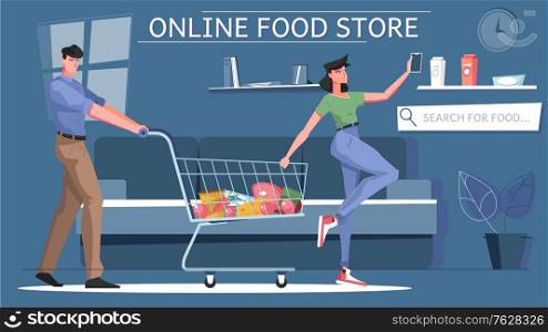 Online grocery store flat composition with search for food description and online food store headline vector illustration