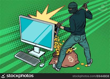 Online hacker steals dollar money from computer. Pop art retro vector illustration. Online hacker steals dollar money from computer