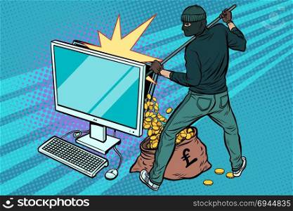Online hacker steals pound money from computer. Pop art retro vector illustration. Online hacker steals pound money from computer