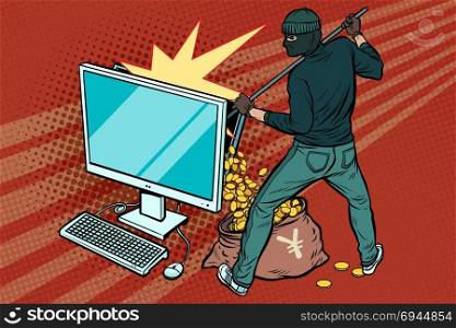 Online hacker steals yen money from computer. Pop art retro vector illustration. Online hacker steals yen money from computer