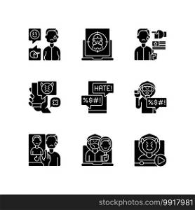 Online harassment and bullying black glyph icons set on white space. Weight-base cyberbullying and bodyshaming. Internet sexual harassment. Silhouette symbols. Vector isolated illustration. Online harassment and bullying black glyph icons set on white space