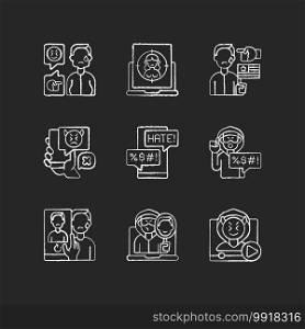 Online harassment and bullying chalk white icons set on black background. Weight-base cyberbullying and bodyshaming. Internet sexual harassment. Isolated vector chalkboard illustrations. Online harassment and bullying chalk white icons set on black background