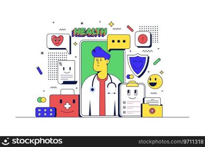 Online Healthcare concept. Healthcare app and related icons. Flat line 90s cartoon style. Vector illustration
