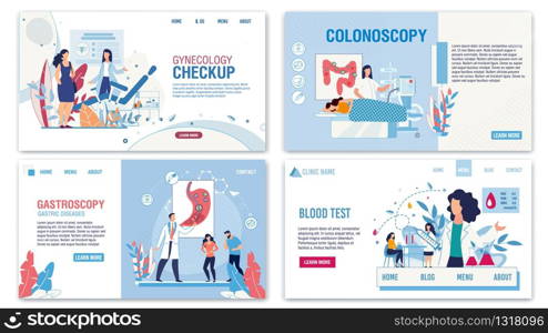 Online Healthcare Services Flat Landing Page Set. Gynecology for Women Health Protect. Colonoscopy, Gastroscopy, Blood Test for Disease Preventing and Treatment. Vector Cartoon Illustration. Online Healthcare Services Flat Landing Page Set