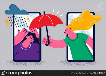 Online help and support concept. Smartphone screens with smiling woman holding umbrella over depressed sad disappointed woman vector illustration . Online help and support concept