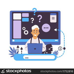 Online help and web forum. Searching information concept. FAQ or customer support. Feedback with confused clients. Cartoon man asking questions. Vector person writing query to corporate assistance. Online help and web forum. Searching information. FAQ or customer support. Feedback with confused clients. Man asking questions. Vector person writing query to corporate assistance