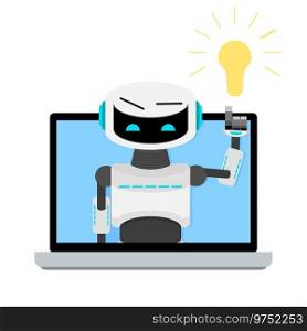 Online helper bot, web advice and guide. Bot support online, design chat service with robot, ai virtual help chatting, vector illustration. Online helper bot, web advice and guide
