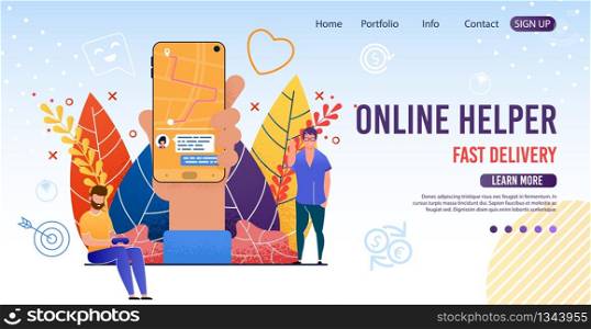 Online Helper Landing Page Offer Fast Delivery. Cartoon People Using Mobile or Computer Application for Ordering Courier Services with Shortest Route. Order Tracking. Flat Vector Illustration. Online Helper Landing Page Offer Fast Delivery