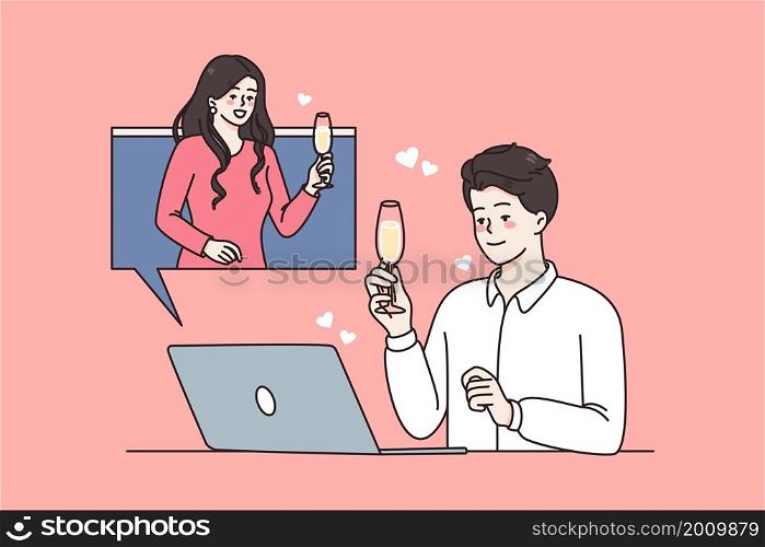 Online holiday and celebration concept. Smiling people holding glasses of champagne for holiday online from laptop screen vector illustration . Online holiday and celebration concept