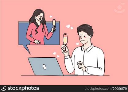 Online holiday and celebration concept. Smiling people holding glasses of champagne for holiday online from laptop screen vector illustration . Online holiday and celebration concept