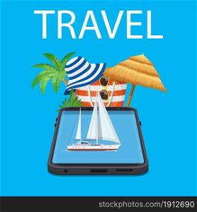 Online Holiday Travel Mobile App Concept. Suitable For Wallpaper, Banner, Background, Card, Book Illustration, Web And Landing Page Concept. Vector illustration in flat style. Online Holiday Travel Mobile App