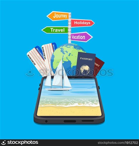 Online Holiday Travel Mobile App Concept. Suitable For Wallpaper, Banner, Background, signpost vacation, travel, journey, holidays. Vector illustration in flat style. Online Holiday Travel Mobile App