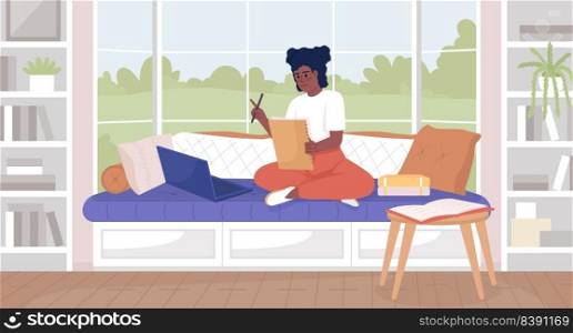 Online homeschooling program flat color vector illustration. Distant education. Cute girl writing home assignment on sofa. Fully editable 2D simple cartoon characters with living room on background. Online homeschooling program flat color vector illustration