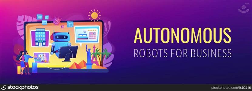 Online hotel booking system. Smart hospitality industry, autonomous robots for business. Concierge robot, artificial intelligence in tourism concept. Header or footer banner template with copy space.. Smart hospitality industry concept banner header
