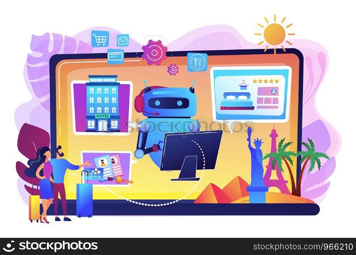 Online hotel booking system. Smart hospitality industry, autonomous robots for business. Concierge robot, artificial intelligence in tourism concept. Bright vibrant violet vector isolated illustration. Smart hospitality industry concept vector illustration