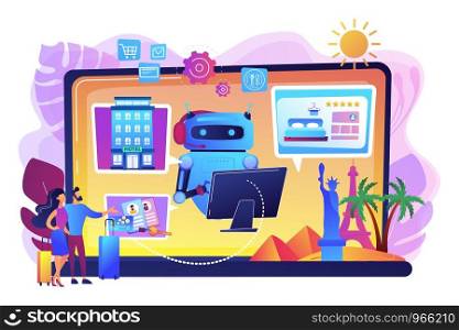 Online hotel booking system. Smart hospitality industry, autonomous robots for business. Concierge robot, artificial intelligence in tourism concept. Bright vibrant violet vector isolated illustration. Smart hospitality industry concept vector illustration