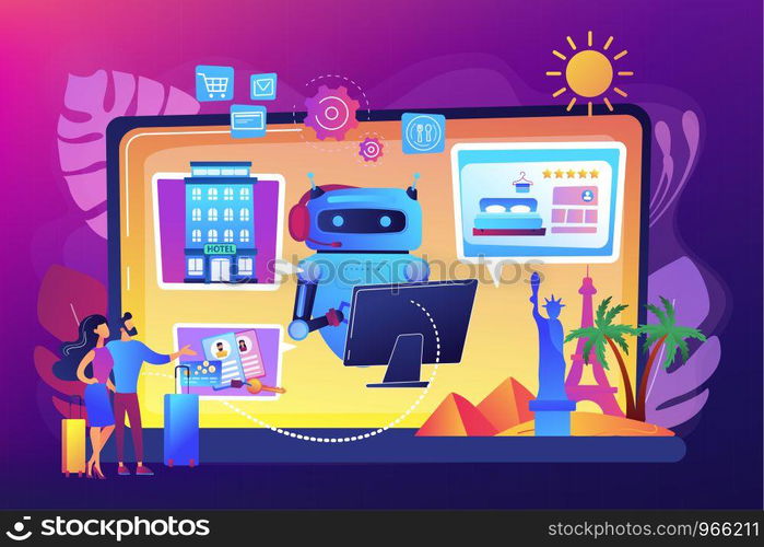 Online hotel booking system. Smart hospitality industry, autonomous robots for business. Concierge robot, artificial intelligence in tourism concept. Bright vibrant violet vector isolated illustration. Smart hospitality industry concept vector illustration