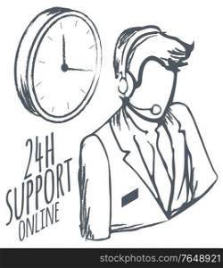 Online hotline for customers. 24 hours support and help isolated consultant monochrome sketch outline. Professional worker with headset answering questions of customers. Helpdesk and clock vector. Call Center 24 Hours Support Online Sketch Icon