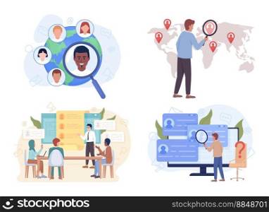 Online international recruitment flat concept vector illustration pack. Editable 2D cartoon characters on white for web design. HR managers creative idea collection for website, mobile, presentation. Online international recruitment flat concept vector illustration pack