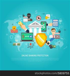 Online internet banking protection concept poster. Internet banking global money transfer operations protection safety guard software poster with shield symbol abstract vector illustration