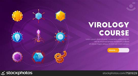 Online introductory virology course horizontal web landing page banner with colorful viruses icons purple background vector illustration