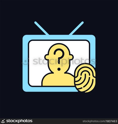 Online investigation show RGB color icon for dark theme. True crime series. Criminal mystery. Isolated vector illustration on night mode background. Simple filled line drawing on black. Online investigation show RGB color icon for dark theme