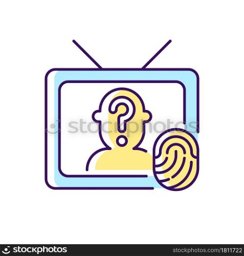 Online investigation show RGB color icon. True crime series. Suspense and thriller cinema genre on TV channel. Criminal mystery. Isolated vector illustration. Simple filled line drawing. Online investigation show RGB color icon