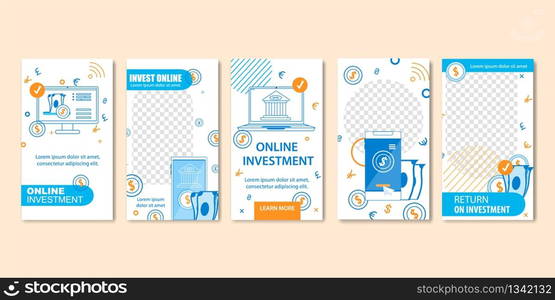 Online Investment and Virtual Finance Set of Templates Vector Illustration. Contemporary Marketing. Money Cash Accounting. Guarantee of Security Financial Savings and Money Turnover.