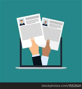 Online job recruitment, employee resume competition, flat illustration with businessman hands holding document papers