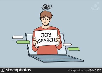 Online job search and recruitment concept. Jobless man candidate with sign looking from laptop screen trying to get position in work vector illustration . Online job search and recruitment concept.