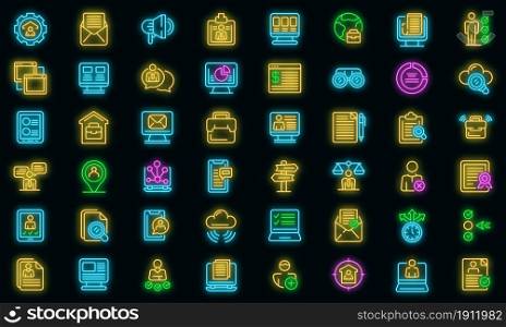 Online job search icons set. Outline set of online job search vector icons neon color on black. Online job search icons set vector neon