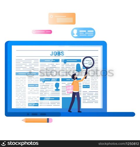 Online Job Search. Laptop with Newspaper on Screen. Unemployed Man Hold Loupe or Magnifier Look for Information on Internet. Find Recruitment Article. Flat Cartoon Vector Illustration. Online Job Search. Laptop with Newspaper on Screen