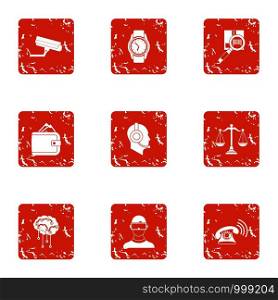 Online journey icons set. Grunge set of 9 online journey vector icons for web isolated on white background. Online journey icons set, grunge style