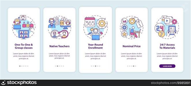 Online language courses benefits onboarding mobile app page screen with concepts. Native teachers walkthrough 5 steps graphic instructions. UI vector template with RGB color illustrations. Online language courses benefits onboarding mobile app page screen with concepts