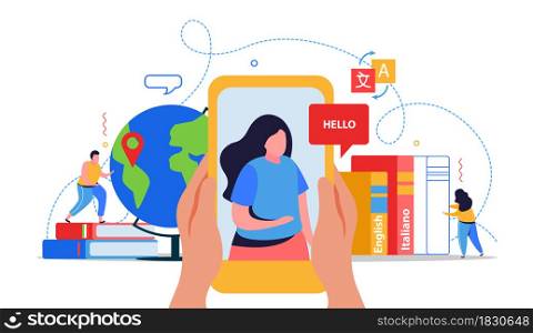 Online language school flat design concept with woman on smartphone screen says hello to her interlocutor vector illustration. Language School Flat Design Concept