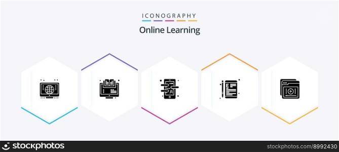Online Learning 25 Glyph icon pack including school. e-learning. app. device. language app