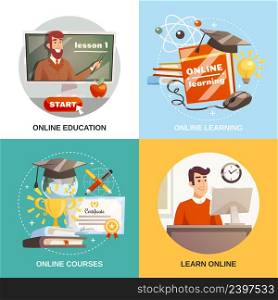 Online learning 2x2 design concept with equipment and tutorials for distance education certificate and magistracy hat flat vector illustration. Online Learning 2x2 Design Concept